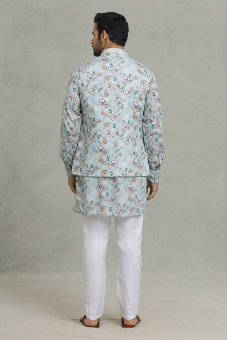 Shop Spring Break Gray Rayon Floral Print Bundi And Kurta Set at Aza Fashions Shop_Spring Break_Gray Rayon Floral Print Bundi And Kurta Set_at_Aza_Fashions