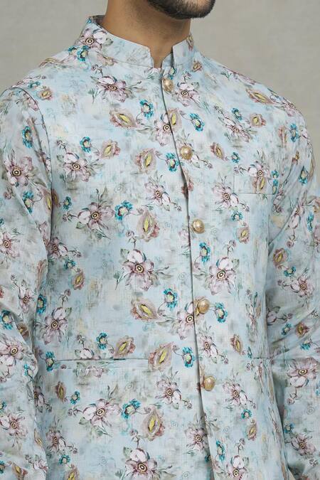 Shop Spring Break Gray Rayon Floral Print Bundi And Kurta Set Online at Aza Fashions Shop_Spring Break_Gray Rayon Floral Print Bundi And Kurta Set_Online_at_Aza_Fashions