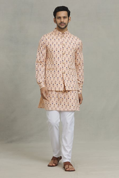 SPRING BREAK Peach Cotton Digital Printed Flower Bundi And Kurta Set 