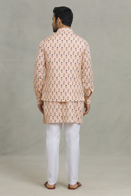 Spring Break Peach Flower Print Bundi & Kurta Set 