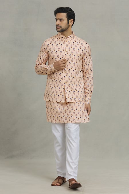 Spring Break Peach Cotton Embroidery Flower Print Bundi And Kurta Set Online at Aza Fashions Spring Break_Peach Cotton Embroidery Flower Print Bundi And Kurta Set_Online_at_Aza_Fashions