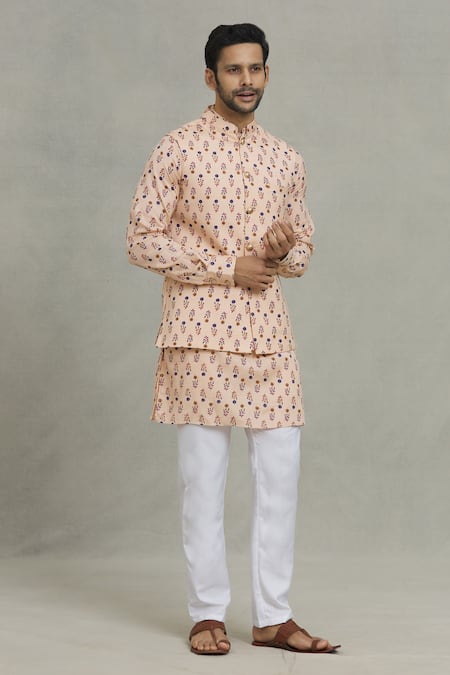 Buy Spring Break Peach Cotton Embroidery Flower Print Bundi And Kurta Set Online at Aza Fashions Buy_Spring Break_Peach Cotton Embroidery Flower Print Bundi And Kurta Set_Online_at_Aza_Fashions