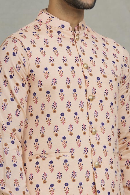 Shop Spring Break Peach Cotton Embroidery Flower Print Bundi And Kurta Set Online at Aza Fashions Shop_Spring Break_Peach Cotton Embroidery Flower Print Bundi And Kurta Set_Online_at_Aza_Fashions