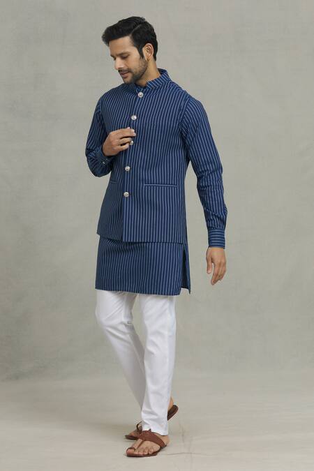 Spring Break Blue Cotton Stripe Pattern Bundi And Kurta Set Online at Aza Fashions Spring Break_Blue Cotton Stripe Pattern Bundi And Kurta Set _Online_at_Aza_Fashions