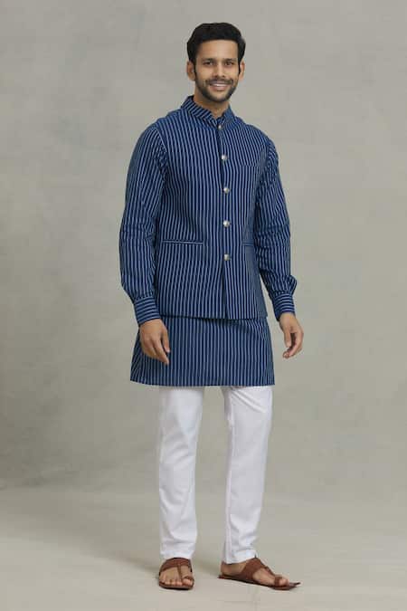 Buy Spring Break Blue Cotton Stripe Pattern Bundi And Kurta Set Online at Aza Fashions Buy_Spring Break_Blue Cotton Stripe Pattern Bundi And Kurta Set _Online_at_Aza_Fashions