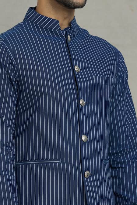 Shop Spring Break Blue Cotton Stripe Pattern Bundi And Kurta Set Online at Aza Fashions Shop_Spring Break_Blue Cotton Stripe Pattern Bundi And Kurta Set _Online_at_Aza_Fashions