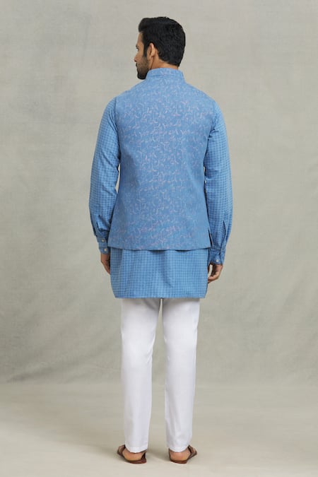 Spring Break Floral Woven Blue Bundi & Kurta Set 