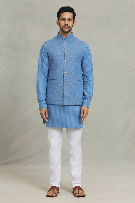 Spring Break Blue Cotton Embroidery Floral Woven Bundi And Kurta Set Online at Aza Fashions Spring Break_Blue Cotton Embroidery Floral Woven Bundi And Kurta Set _Online_at_Aza_Fashions