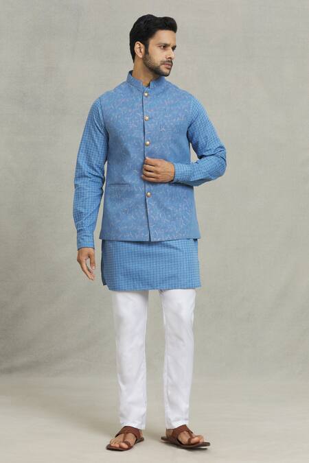 Buy Spring Break Blue Cotton Embroidery Floral Woven Bundi And Kurta Set Online at Aza Fashions Buy_Spring Break_Blue Cotton Embroidery Floral Woven Bundi And Kurta Set _Online_at_Aza_Fashions