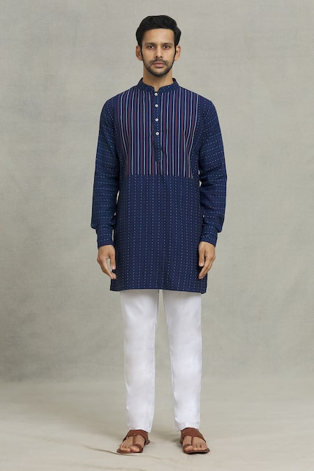 Spring Break Blue Cotton Stripe Pattern Kurta Set For Kids Online at Aza Fashions Spring Break_Blue Cotton Stripe Pattern Kurta Set For Kids_Online_at_Aza_Fashions