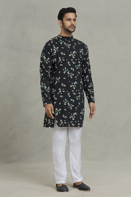 Buy_Spring Break_Black Rayon Flower Print Kurta Set_Online_at_Aza_Fashions