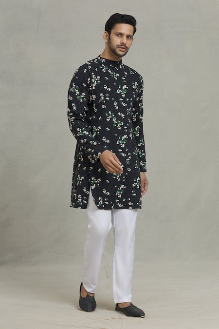 Shop_Spring Break_Black Rayon Flower Print Kurta Set_Online_at_Aza_Fashions