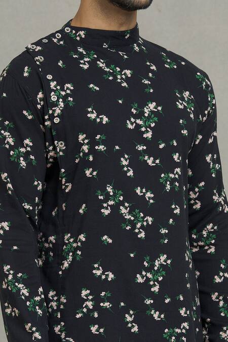 Spring Break_Black Rayon Flower Print Kurta Set_at_Aza_Fashions