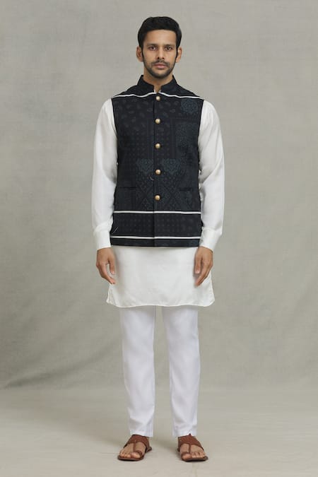 Spring Break_Black Cotton Embroidery Paisley Print Nehru Jacket _Online_at_Aza_Fashions