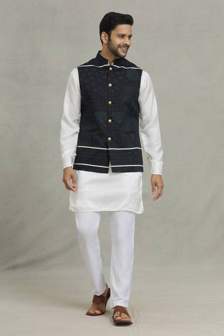Shop_Spring Break_Black Cotton Embroidery Paisley Print Nehru Jacket _Online_at_Aza_Fashions