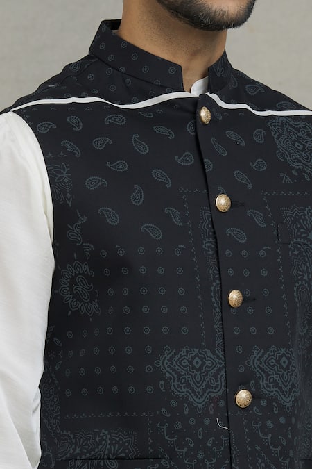 Spring Break_Black Cotton Embroidery Paisley Print Nehru Jacket _at_Aza_Fashions