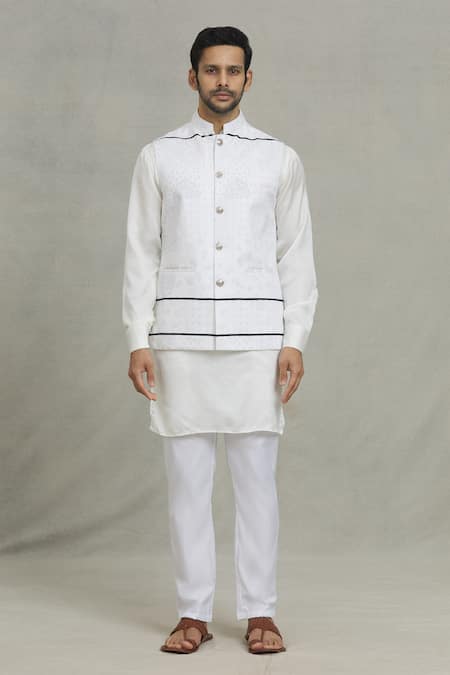 Spring Break_White Cotton Embroidery Geometric Print Nehru Jacket _Online_at_Aza_Fashions