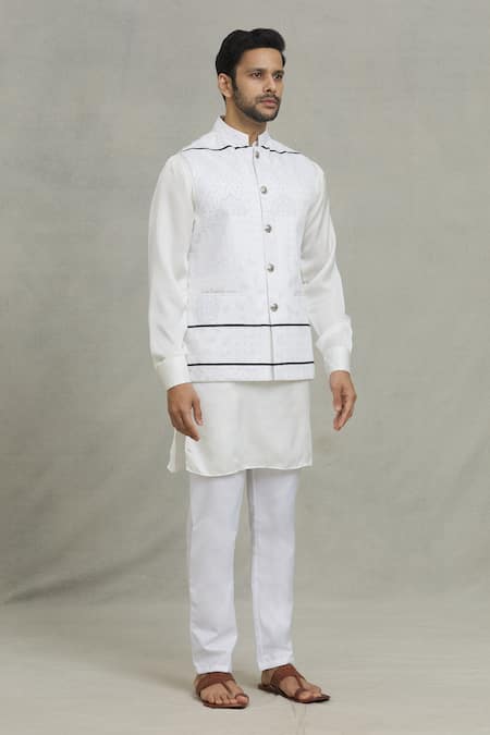 Buy_Spring Break_White Cotton Embroidery Geometric Print Nehru Jacket _Online_at_Aza_Fashions