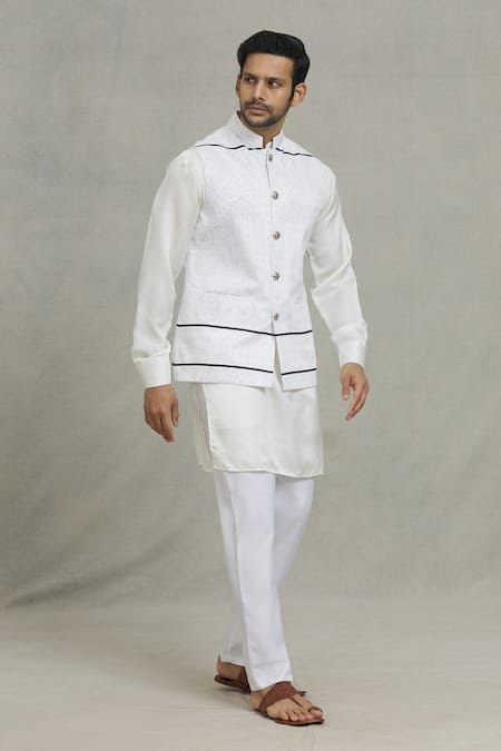 Shop_Spring Break_White Cotton Embroidery Geometric Print Nehru Jacket _Online_at_Aza_Fashions