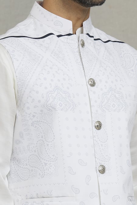 Spring Break_White Cotton Embroidery Geometric Print Nehru Jacket _at_Aza_Fashions