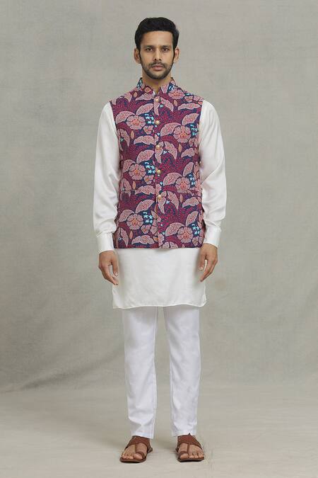 Spring Break_Pink Rayon Embroidery Botanical Print Nehru Jacket _Online_at_Aza_Fashions