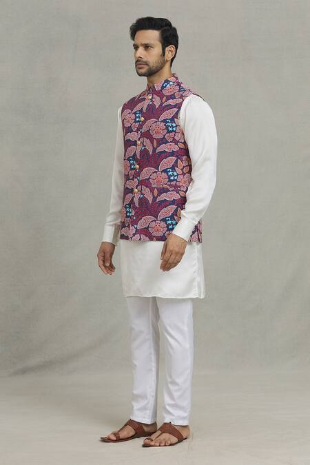 Buy_Spring Break_Pink Rayon Embroidery Botanical Print Nehru Jacket _Online_at_Aza_Fashions