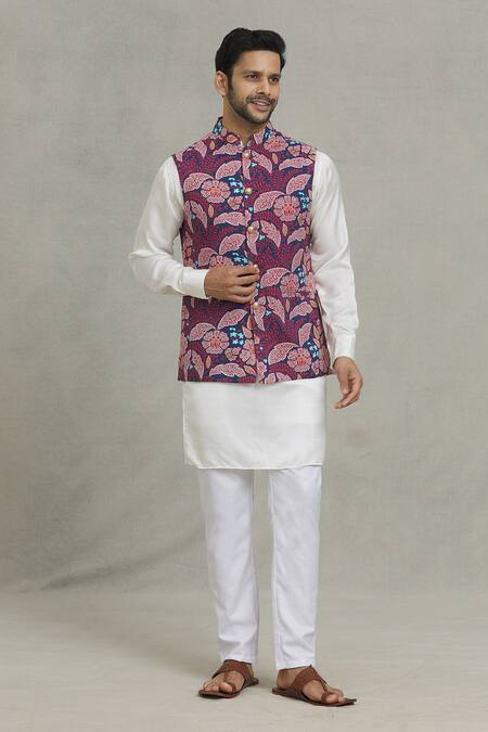 Shop_Spring Break_Pink Rayon Embroidery Botanical Print Nehru Jacket _Online_at_Aza_Fashions