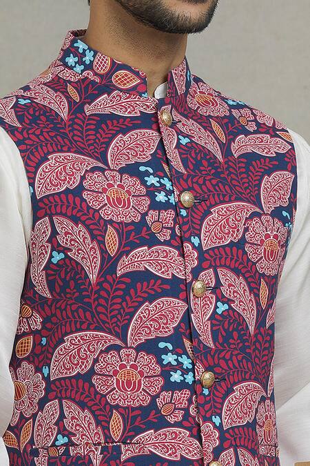 Spring Break_Pink Rayon Embroidery Botanical Print Nehru Jacket _at_Aza_Fashions