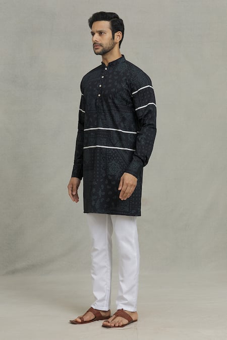 Buy_Spring Break_Black Cotton Paisley Print Kurta Set For Kids_Online_at_Aza_Fashions