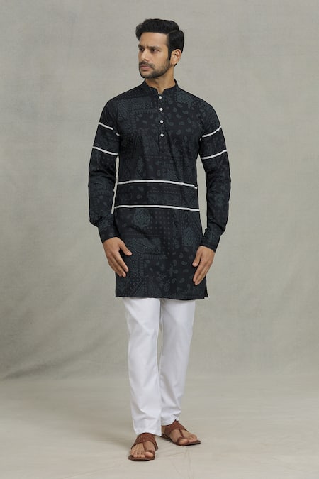 Shop_Spring Break_Black Cotton Paisley Print Kurta Set For Kids_Online_at_Aza_Fashions