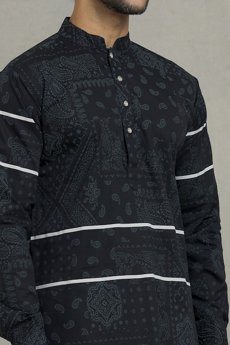 Spring Break_Black Cotton Paisley Print Kurta Set For Kids_at_Aza_Fashions