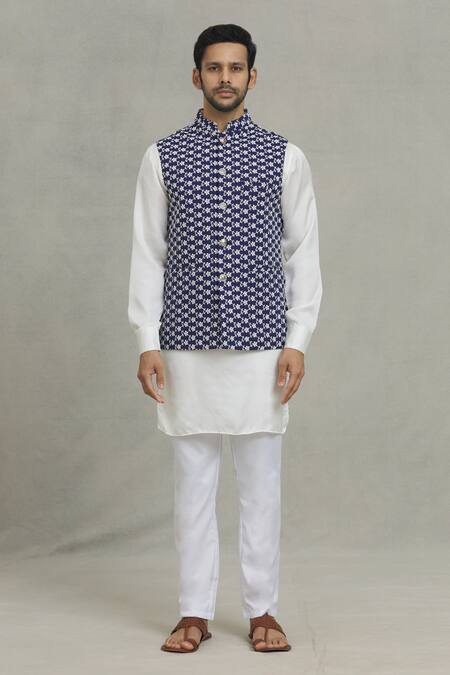 Spring Break Blue Silk Embroidery Navy Thread Work Nehru Jacket Online at Aza Fashions Spring Break_Blue Silk Embroidery Navy Thread Work Nehru Jacket_Online_at_Aza_Fashions