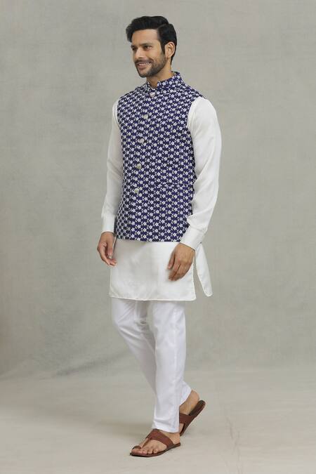 Shop Spring Break Blue Silk Embroidery Navy Thread Work Nehru Jacket Online at Aza Fashions Shop_Spring Break_Blue Silk Embroidery Navy Thread Work Nehru Jacket_Online_at_Aza_Fashions