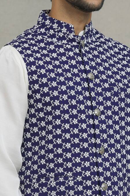 Spring Break Blue Silk Embroidery Navy Thread Work Nehru Jacket at Aza Fashions Spring Break_Blue Silk Embroidery Navy Thread Work Nehru Jacket_at_Aza_Fashions