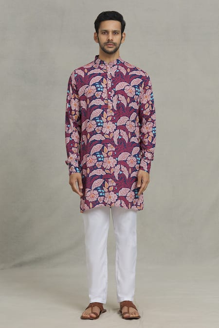 Spring Break_Pink Rayon Leaf Print Kurta Set _Online_at_Aza_Fashions