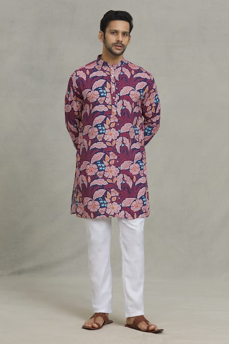 Buy_Spring Break_Pink Rayon Leaf Print Kurta Set _Online_at_Aza_Fashions