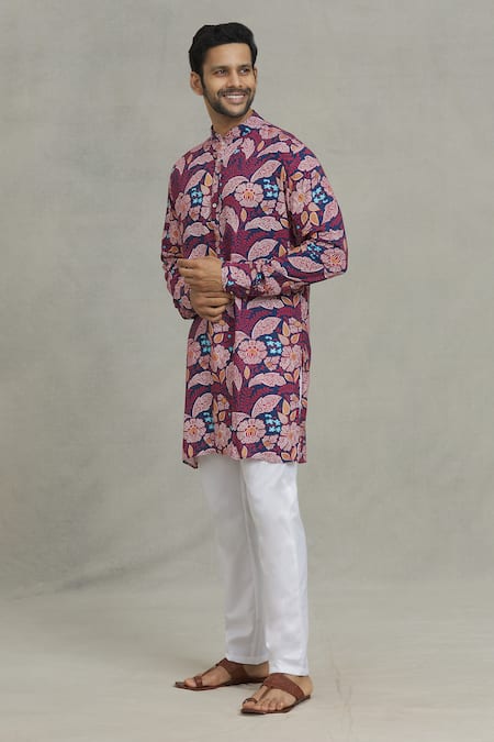 Shop_Spring Break_Pink Rayon Leaf Print Kurta Set _Online_at_Aza_Fashions