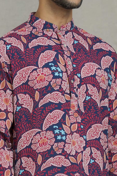 Spring Break_Pink Rayon Leaf Print Kurta Set _at_Aza_Fashions