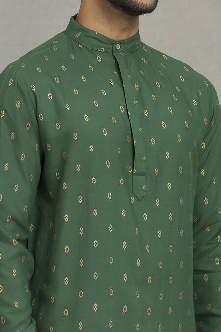 Spring Break_Green Rayon Embroidery Florette Print Kurta Set_at_Aza_Fashions