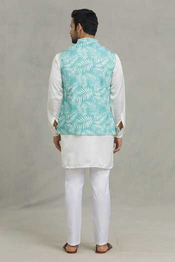 Shop SPRING BREAK Green Cotton Tropical Print Nehru Jacket at Aza Fashions Shop_SPRING BREAK_Green Cotton Tropical Print Nehru Jacket _at_Aza_Fashions