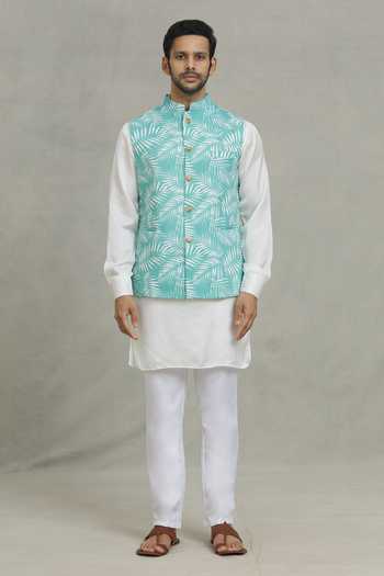 SPRING BREAK Green Cotton Tropical Print Nehru Jacket Online at Aza Fashions SPRING BREAK_Green Cotton Tropical Print Nehru Jacket _Online_at_Aza_Fashions