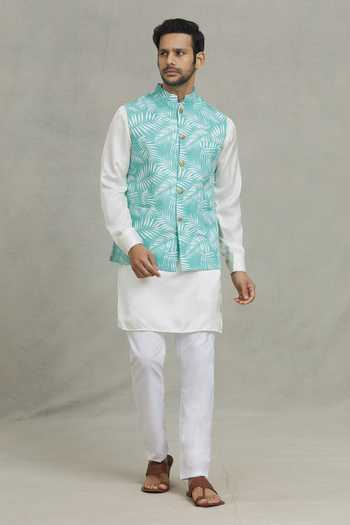 Shop SPRING BREAK Green Cotton Tropical Print Nehru Jacket Online at Aza Fashions Shop_SPRING BREAK_Green Cotton Tropical Print Nehru Jacket _Online_at_Aza_Fashions