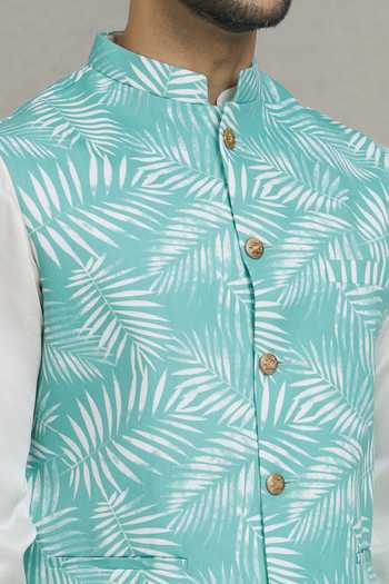 SPRING BREAK Green Cotton Tropical Print Nehru Jacket at Aza Fashions SPRING BREAK_Green Cotton Tropical Print Nehru Jacket _at_Aza_Fashions
