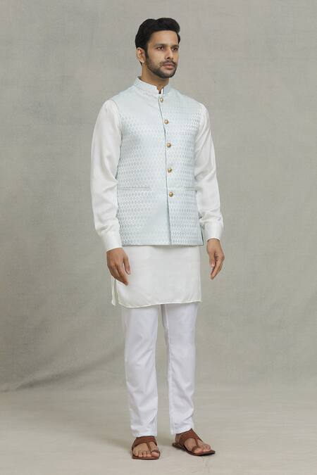 Spring Break_Blue Cotton, Silk Embroidery Diamond Woven Bundi And Kurta Set _Online_at_Aza_Fashions