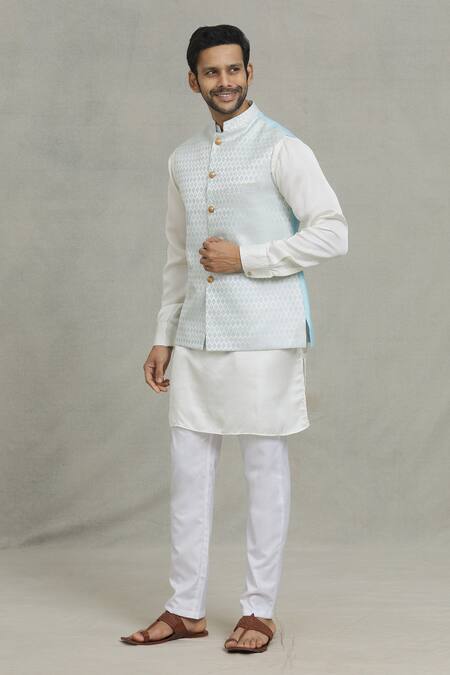 Buy_Spring Break_Blue Cotton, Silk Embroidery Diamond Woven Bundi And Kurta Set _Online_at_Aza_Fashions