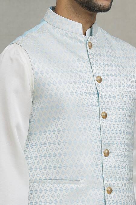 Shop_Spring Break_Blue Cotton, Silk Embroidery Diamond Woven Bundi And Kurta Set _Online_at_Aza_Fashions