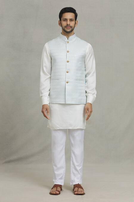 Spring Break_Blue Cotton, Silk Embroidery Diamond Woven Bundi And Kurta Set _at_Aza_Fashions