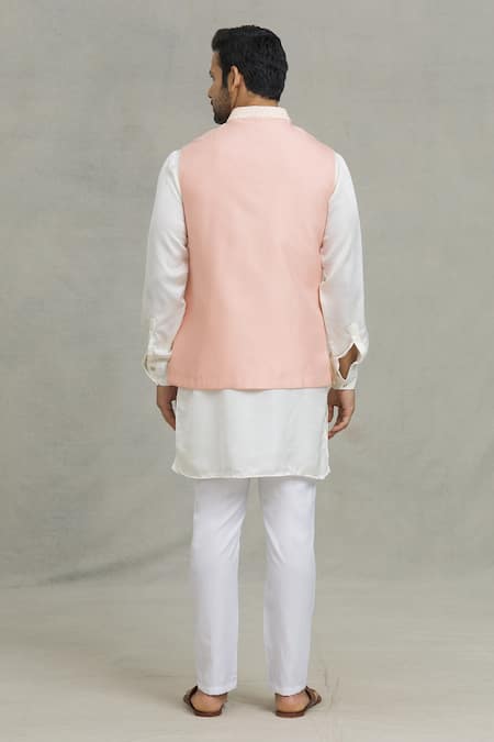 Shop_Spring Break_Peach Cotton, Silk Geometric Woven Bundi And Kurta Set _at_Aza_Fashions