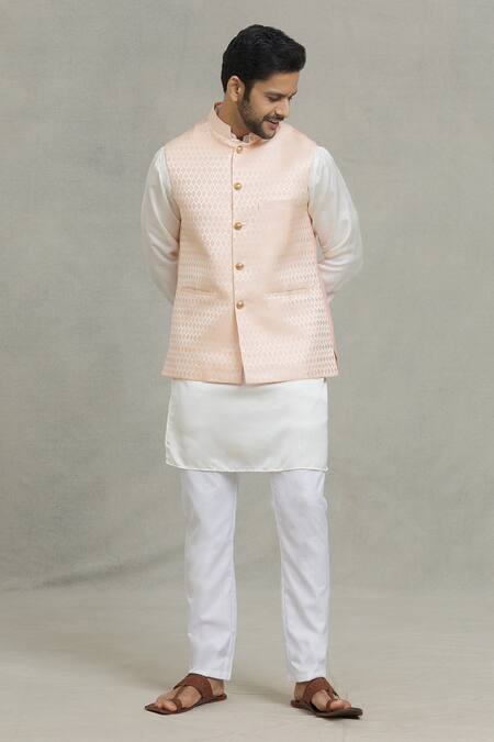 Shop_Spring Break_Peach Cotton, Silk Geometric Woven Bundi And Kurta Set _Online_at_Aza_Fashions