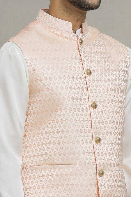 Spring Break_Peach Cotton, Silk Geometric Woven Bundi And Kurta Set _at_Aza_Fashions